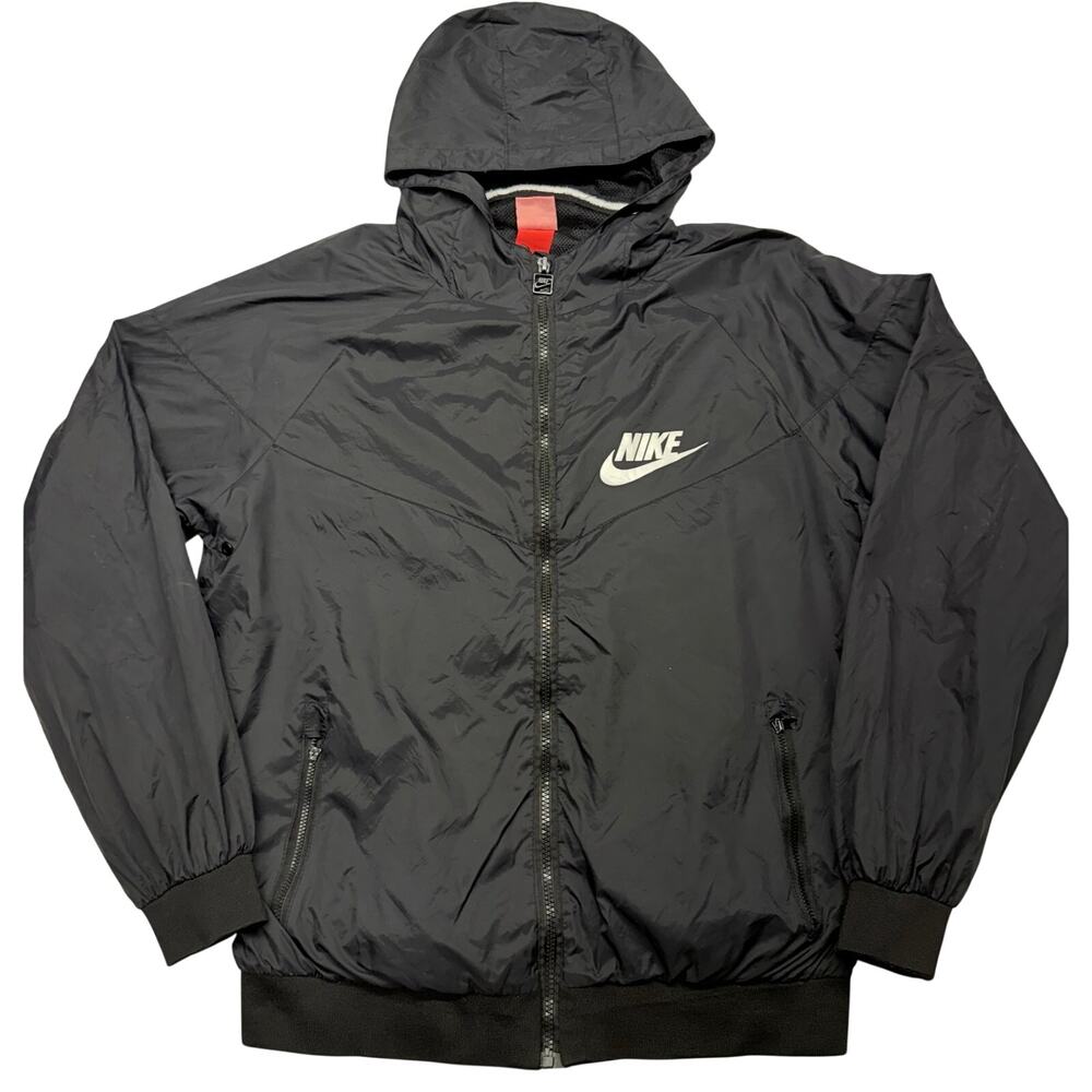 Nike Mens XL Black Windbreaker Jacket Hooded Full Zip White Swoosh Mesh Lined